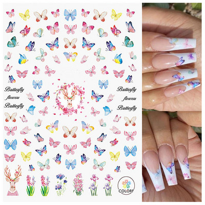 Nail Art Matricák Színes Pillangók Akvarell Virágok Virágok Hátra Ragasztó Körömmatricák Dekoráció Köröm Tippek Szépség