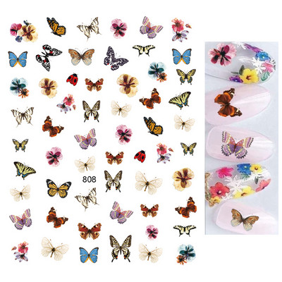 Nail Art Matricák Színes Pillangók Akvarell Virágok Virágok Hátra Ragasztó Körömmatricák Dekoráció Köröm Tippek Szépség