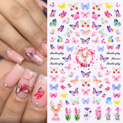 Nail Art Matricák Színes Pillangók Akvarell Virágok Virágok Hátra Ragasztó Körömmatricák Dekoráció Köröm Tippek Szépség