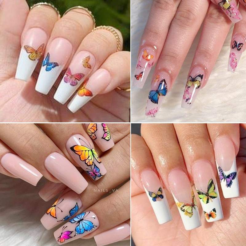 Nail Art Matricák Színes Pillangók Akvarell Virágok Virágok Hátra Ragasztó Körömmatricák Dekoráció Köröm Tippek Szépség