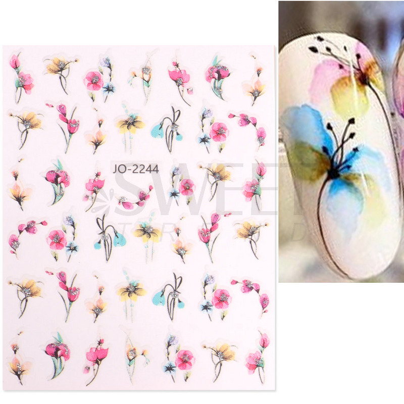 3D Akvarell Virág Körömmatricák Virágos geometriai vonalak Csillogó Levél Pillangó Tavaszi köröm dekor Gél Lakk Manikűr tippek BEJO
