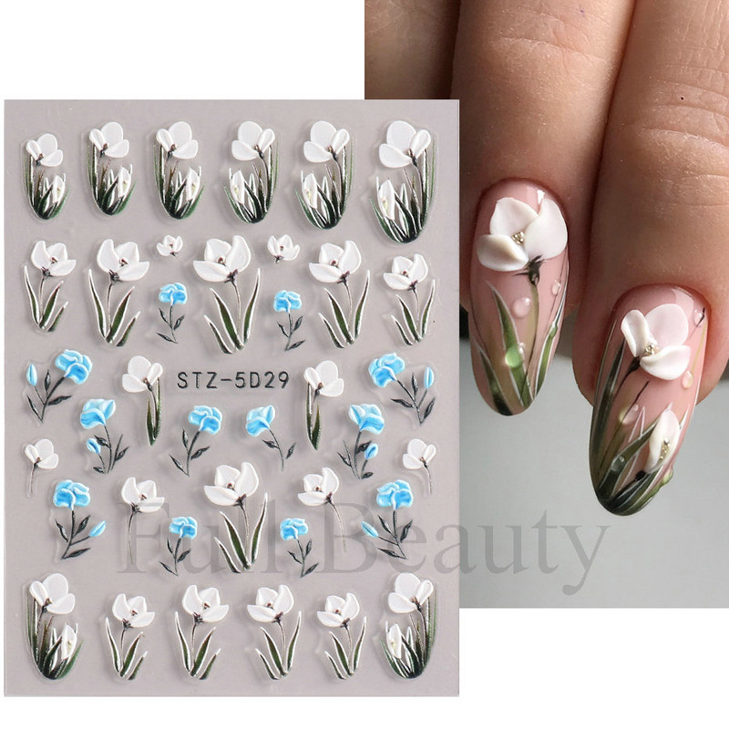 5D matricák körömvirágok dombornyomott körömdíszítő matricák nyári varázslatok fehér virágok öntapadó csúszkák Manikűr dekorációk TRSTZ-5D30