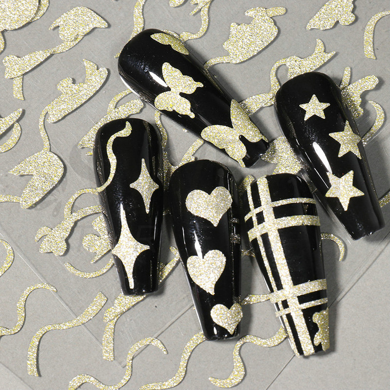Arany francia tippek körömmatricához 3D csillogó csíkos körömdísz fényvisszaverő csillogó matricák téli manikűr dekoráció BEH-244