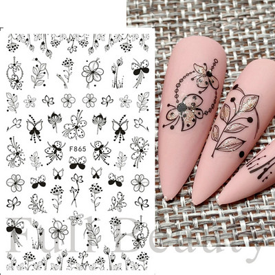3D csipke geometria köröm matrica fehér fekete vonal virágok levelek matricák elegáns francia stílusú csúszkák körömdíszítések LAF867