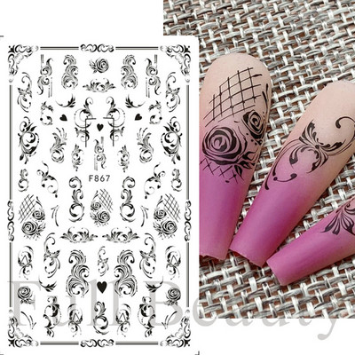 3D csipke geometria köröm matrica fehér fekete vonal virágok levelek matricák elegáns francia stílusú csúszkák körömdíszítések LAF867