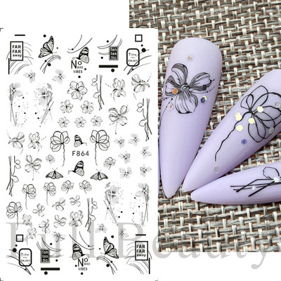 3D csipke geometria köröm matrica fehér fekete vonal virágok levelek matricák elegáns francia stílusú csúszkák körömdíszítések LAF867