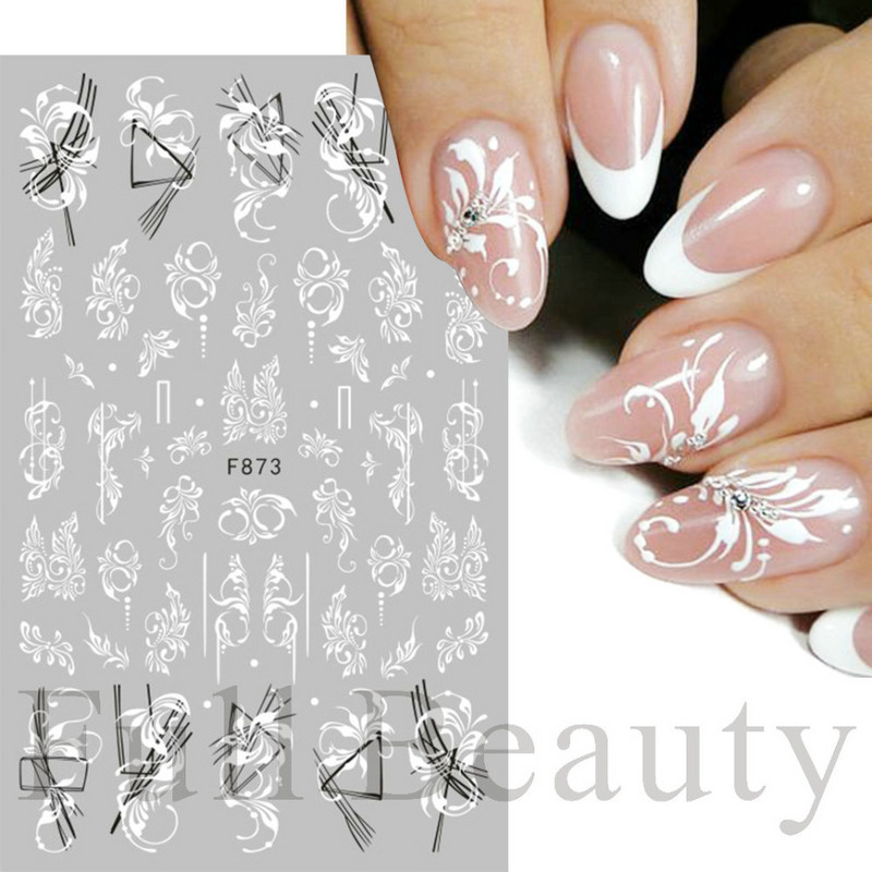 3D csipke geometria köröm matrica fehér fekete vonal virágok levelek matricák elegáns francia stílusú csúszkák körömdíszítések LAF867