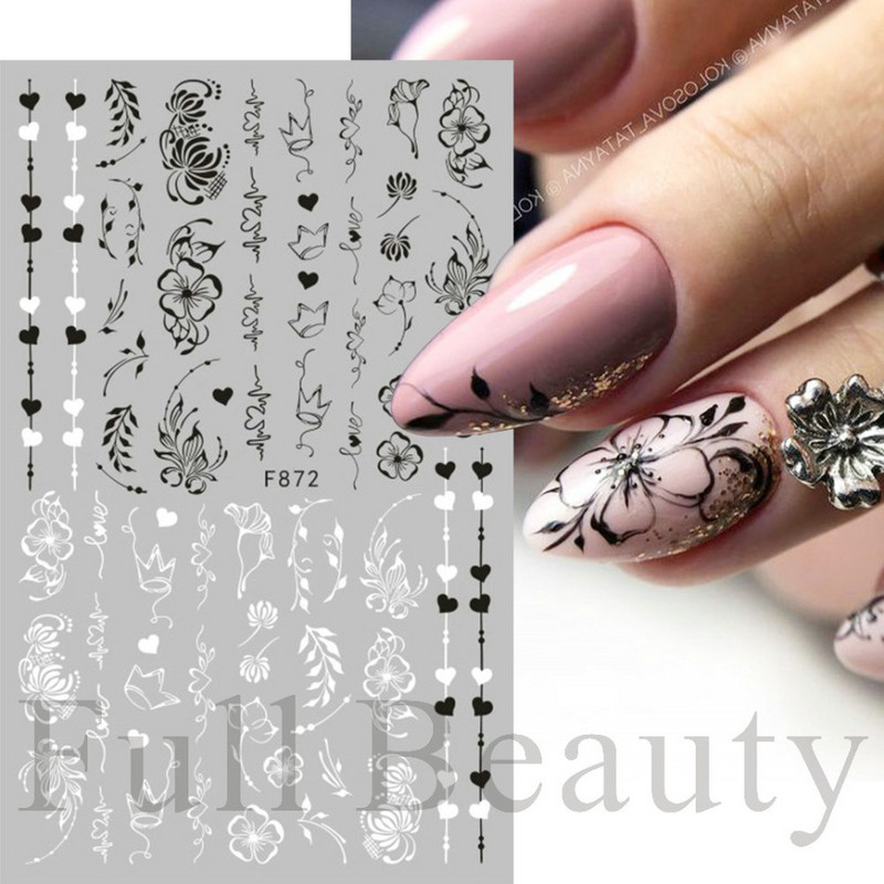 3D csipke geometria köröm matrica fehér fekete vonal virágok levelek matricák elegáns francia stílusú csúszkák körömdíszítések LAF867