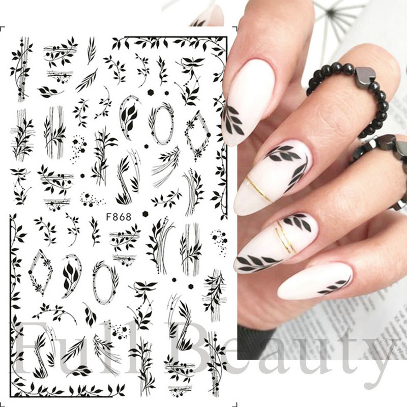 3D csipke geometria köröm matrica fehér fekete vonal virágok levelek matricák elegáns francia stílusú csúszkák körömdíszítések LAF867