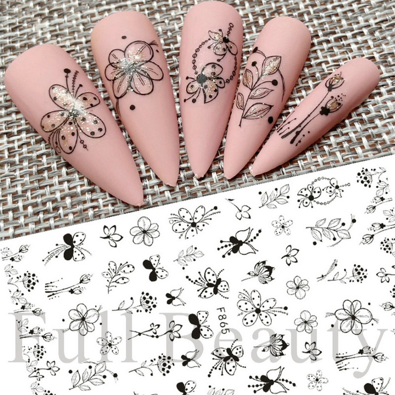 3D csipke geometria köröm matrica fehér fekete vonal virágok levelek matricák elegáns francia stílusú csúszkák körömdíszítések LAF867