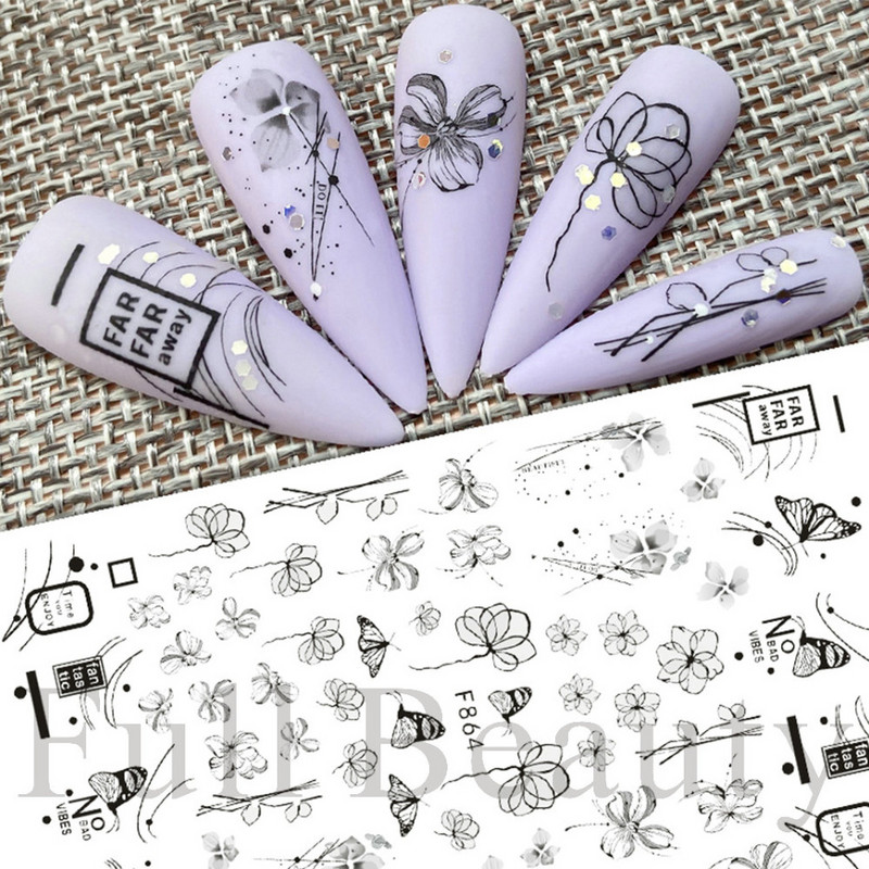 3D csipke geometria köröm matrica fehér fekete vonal virágok levelek matricák elegáns francia stílusú csúszkák körömdíszítések LAF867