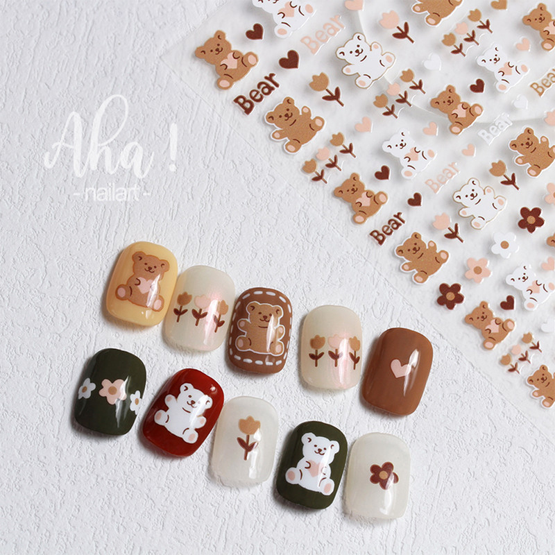 1 lap Lovely Bear Nail Art matrica 3D Kawaii Cartoon Bear Back Ragasztómatrica Dísz koreai barkácsolás Aranyos manikűr csúszka dekorációk