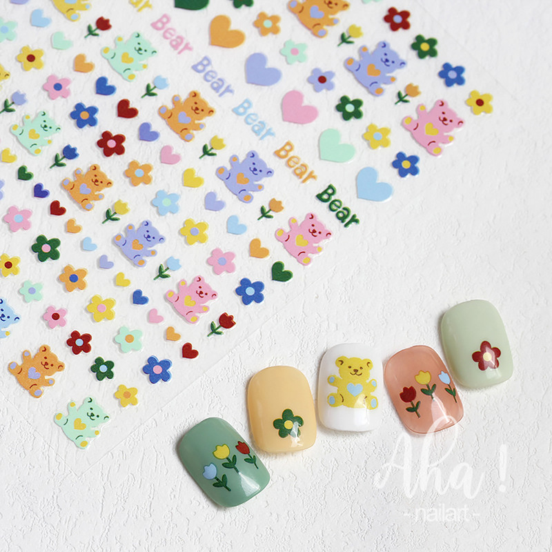 1 lap Lovely Bear Nail Art matrica 3D Kawaii Cartoon Bear Back Ragasztómatrica Dísz koreai barkácsolás Aranyos manikűr csúszka dekorációk