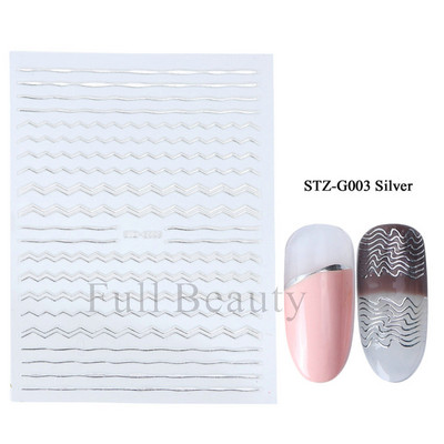 3D Holografikus Ezüst Hullám Vonalak Körömmatrica Dekor Lézercsillag Hold Szív Ragasztó Csúsztatók Fémgeometria csíkos manikűr TH182