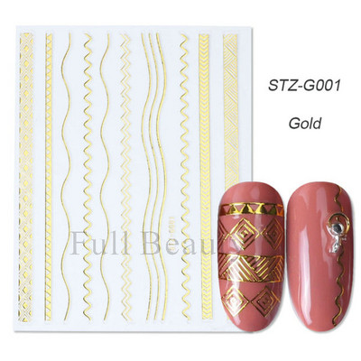 3D Holografikus Ezüst Hullám Vonalak Körömmatrica Dekor Lézercsillag Hold Szív Ragasztó Csúsztatók Fémgeometria csíkos manikűr TH182