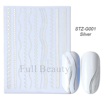 3D Holografikus Ezüst Hullám Vonalak Körömmatrica Dekor Lézercsillag Hold Szív Ragasztó Csúsztatók Fémgeometria csíkos manikűr TH182