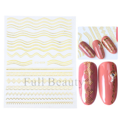 3D Holografikus Ezüst Hullám Vonalak Körömmatrica Dekor Lézercsillag Hold Szív Ragasztó Csúsztatók Fémgeometria csíkos manikűr TH182