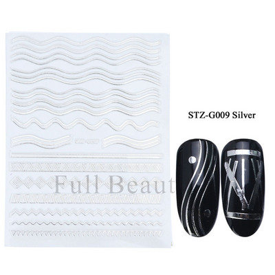 3D Holografikus Ezüst Hullám Vonalak Körömmatrica Dekor Lézercsillag Hold Szív Ragasztó Csúsztatók Fémgeometria csíkos manikűr TH182