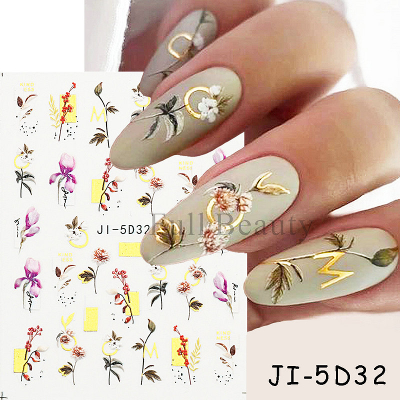 5D dombornyomott körömmatricák virágok madár geometriai vonalak arany keret virágos köröm matricák cseresznyevirág Y2K manikűr dekor GLJI-5D31