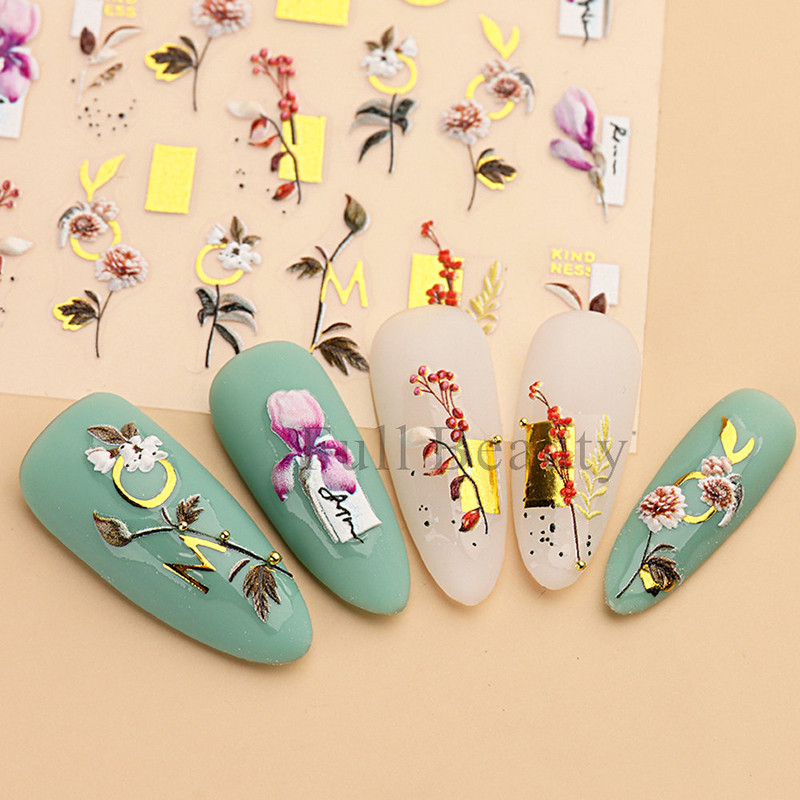 5D dombornyomott körömmatricák virágok madár geometriai vonalak arany keret virágos köröm matricák cseresznyevirág Y2K manikűr dekor GLJI-5D31