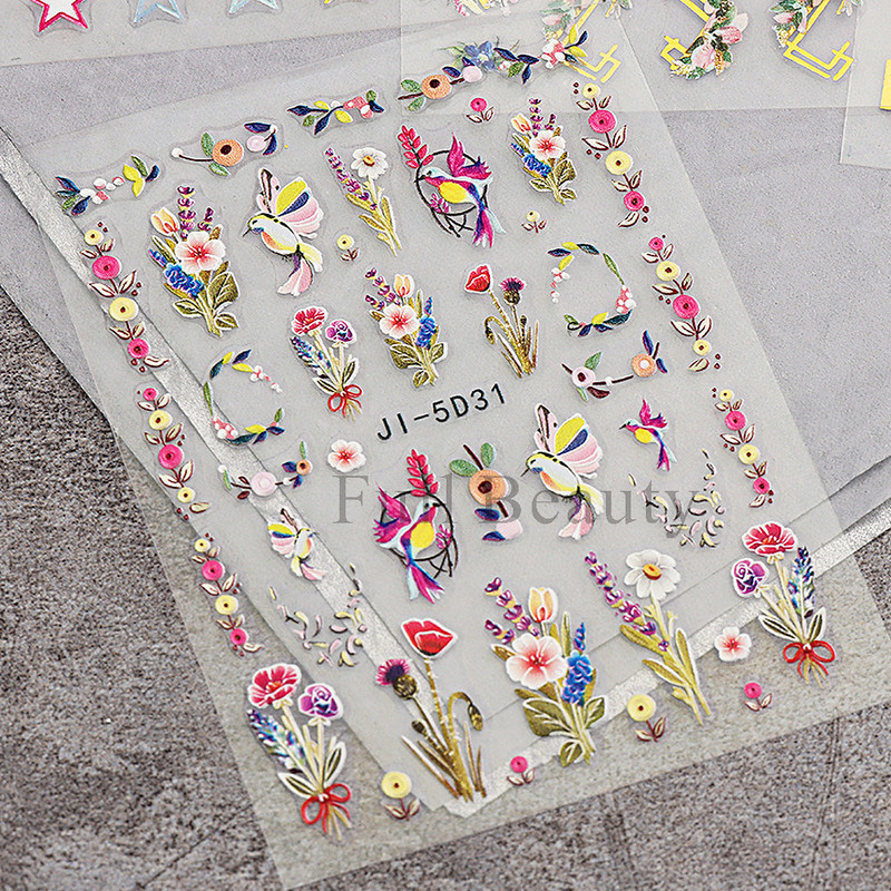 5D dombornyomott körömmatricák virágok madár geometriai vonalak arany keret virágos köröm matricák cseresznyevirág Y2K manikűr dekor GLJI-5D31