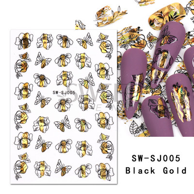 3D Kígyó lézermatricák manikűrhöz Fekete arany absztrakt levelek Luxus körömművészet ragasztós csúszó lakk dekor matricák SASW-SJ