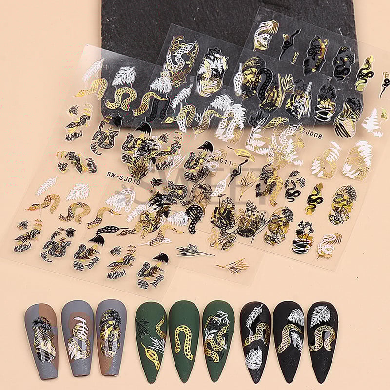 3D Kígyó lézermatricák manikűrhöz Fekete arany absztrakt levelek Luxus körömművészet ragasztós csúszó lakk dekor matricák SASW-SJ