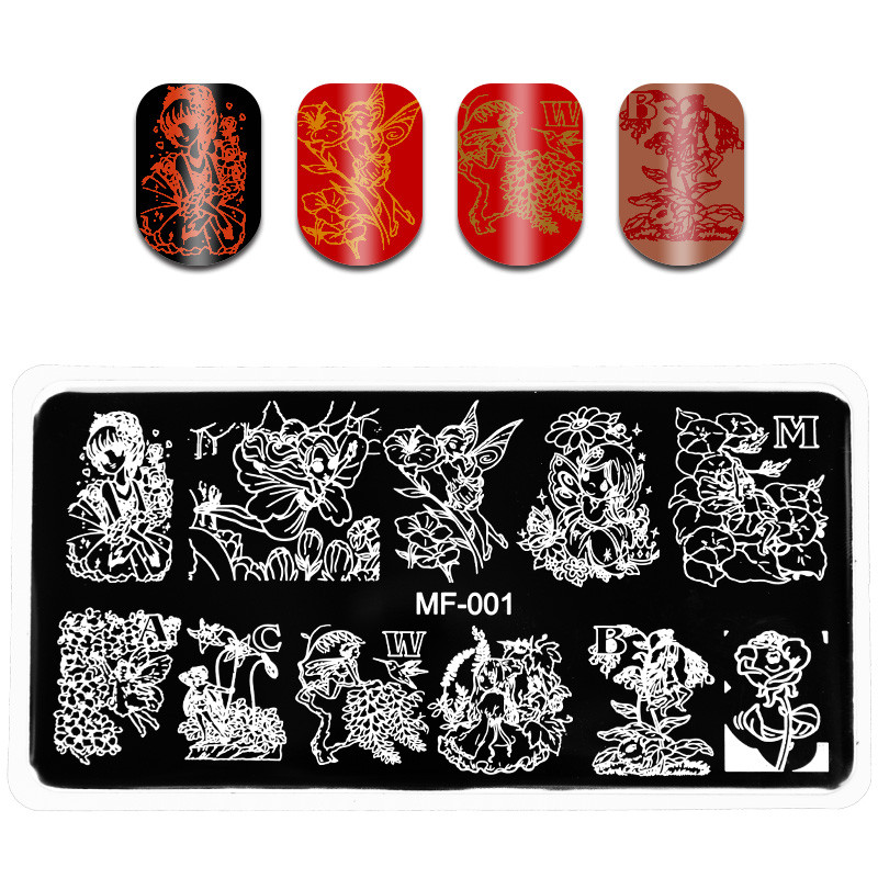 MF01-05 1 DB körömbélyegző lemezek Rajzfilm csíkos vonalú körömlemez stencil rozsdamentes acél tervezés 3D köröm sablonok nagykereskedés