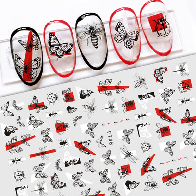 1 lap fekete kígyó 3D körömdíszítő matrica matrica anime szemek rácsok levelek pillangós tapadó lakk csúszkás körömtetoválás JIF792-801