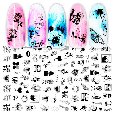 1 lap fekete kígyó 3D körömdíszítő matrica matrica anime szemek rácsok levelek pillangós tapadó lakk csúszkás körömtetoválás JIF792-801