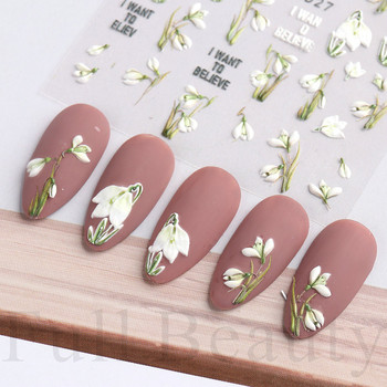 Αυτοκόλλητο Snowdrop Nail Spring Flower Campanula 5D ανάγλυφο ολισθαίνον Χαλκομανίες με χαραγμένο λευκό Flora για καλοκαιρινό Nail Art LASTZ-5D27