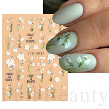 Αυτοκόλλητο Snowdrop Nail Spring Flower Campanula 5D ανάγλυφο ολισθαίνον Χαλκομανίες με χαραγμένο λευκό Flora για καλοκαιρινό Nail Art LASTZ-5D27