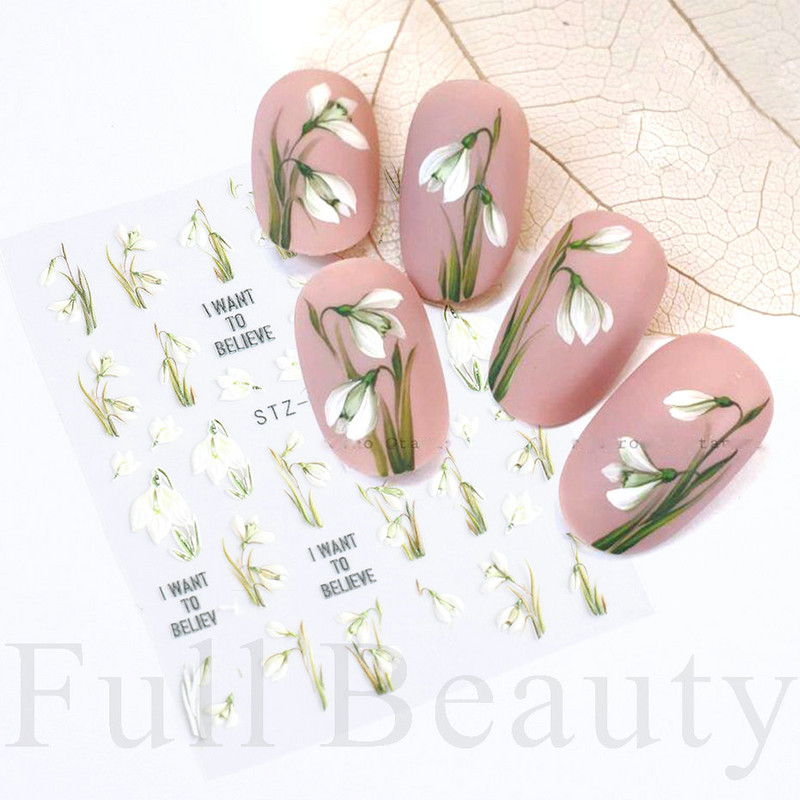 Hóvirág körömmatrica tavaszi virág Campanula 5D dombornyomott csúszka fehér Flora gravírozott matricák nyári körömművészethez LASTZ-5D27