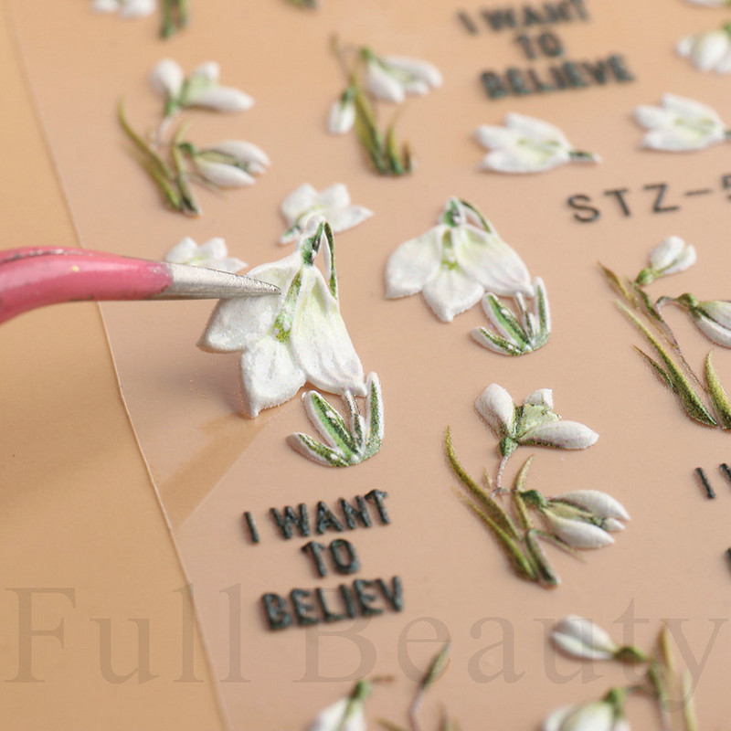 Hóvirág körömmatrica tavaszi virág Campanula 5D dombornyomott csúszka fehér Flora gravírozott matricák nyári körömművészethez LASTZ-5D27