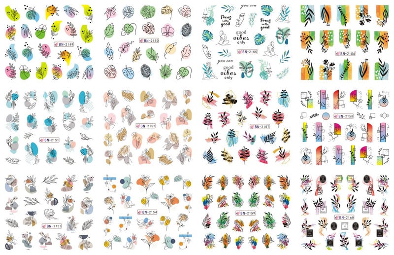 12 darab geometria vonalak virág levél köröm matricák graffiti levelek absztrakt arc mintás köröm matricák csúszó manikűr dekoratív