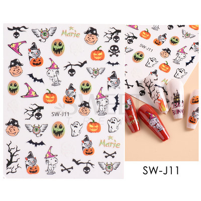 Halloween 3D Szív Web Körömmatrica Aranyos ünnepi Rajzfilm Design Pók Tök Szellem Csúsztatók körmökhöz Manikűr Dekor SANO53