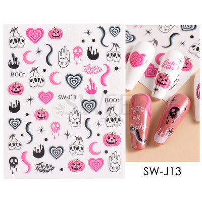 Halloween 3D Szív Web Körömmatrica Aranyos ünnepi Rajzfilm Design Pók Tök Szellem Csúsztatók körmökhöz Manikűr Dekor SANO53