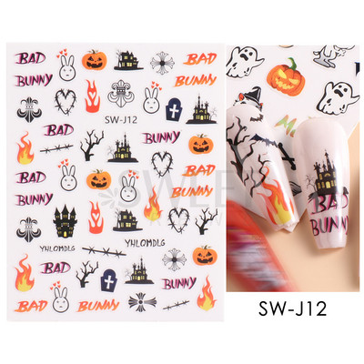 Halloween 3D Szív Web Körömmatrica Aranyos ünnepi Rajzfilm Design Pók Tök Szellem Csúsztatók körmökhöz Manikűr Dekor SANO53