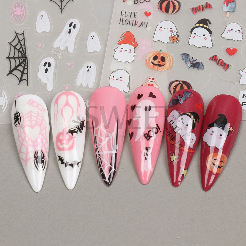 Halloween 3D Szív Web Körömmatrica Aranyos ünnepi Rajzfilm Design Pók Tök Szellem Csúsztatók körmökhöz Manikűr Dekor SANO53