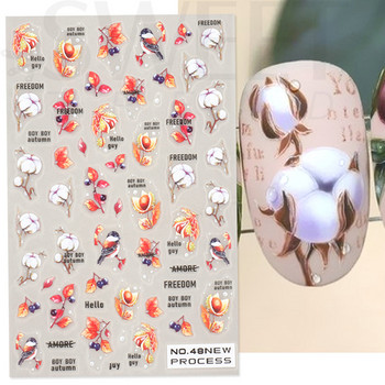 3D памучно цвете Стикер за нокти Зимен есенен дизайн Декорация за нокти Гъба Клен Птица Стикер за Деня на благодарността Маникюр Плъзгач BENO