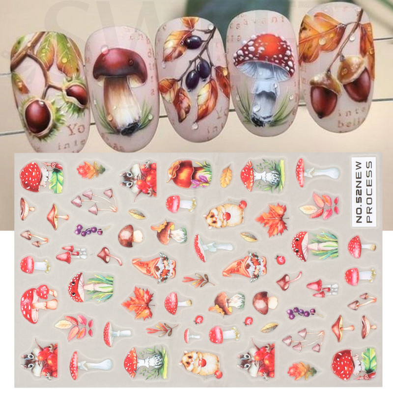 3D medvilnės gėlių nagų lipdukas žiemos rudens dizainas nagų dailės dekoravimas grybas klevas paukščių padėkos lipdukas manikiūro slankiklis BENO