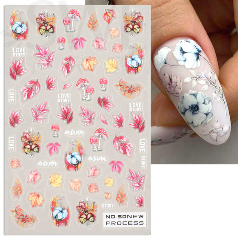 3D medvilnės gėlių nagų lipdukas žiemos rudens dizainas nagų dailės dekoravimas grybas klevas paukščių padėkos lipdukas manikiūro slankiklis BENO