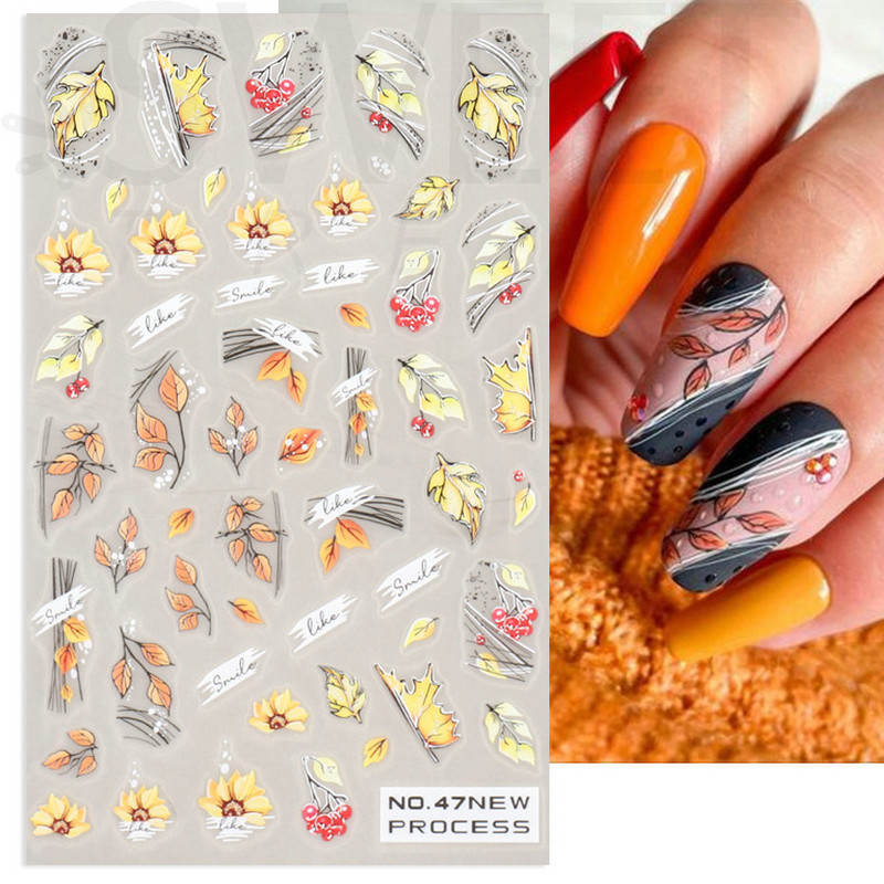 3D medvilnės gėlių nagų lipdukas žiemos rudens dizainas nagų dailės dekoravimas grybas klevas paukščių padėkos lipdukas manikiūro slankiklis BENO