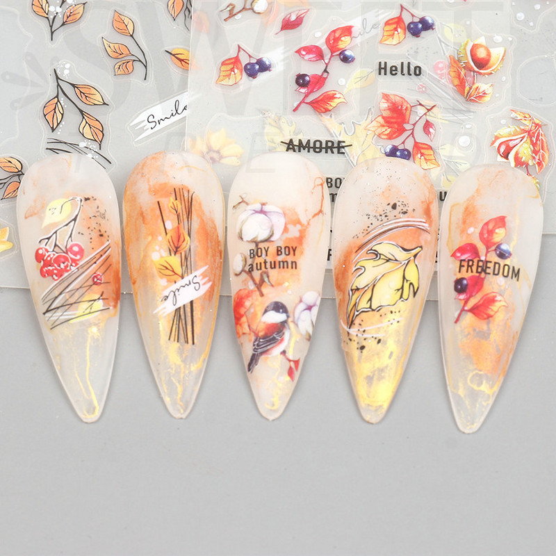 3D medvilnės gėlių nagų lipdukas žiemos rudens dizainas nagų dailės dekoravimas grybas klevas paukščių padėkos lipdukas manikiūro slankiklis BENO