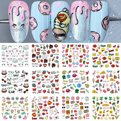 12 Σχεδιαστικά αυτοκόλλητα για νύχια Kawaii Cartoon Avocado Nail Sliders Cute Corgi Water Decals Σκίτσο Διακόσμηση μανικιούρ LABN1585-1596