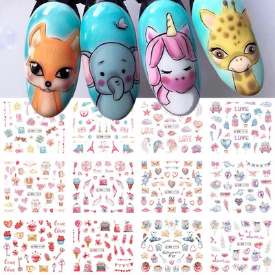 12 Σχεδιαστικά αυτοκόλλητα για νύχια Kawaii Cartoon Avocado Nail Sliders Cute Corgi Water Decals Σκίτσο Διακόσμηση μανικιούρ LABN1585-1596