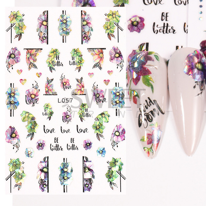 3D színes virágos köröm matricák holografikus lézeres absztrakt hullám szem arc levél csúszkák körmökhöz manikűr dekor fóliák SAL