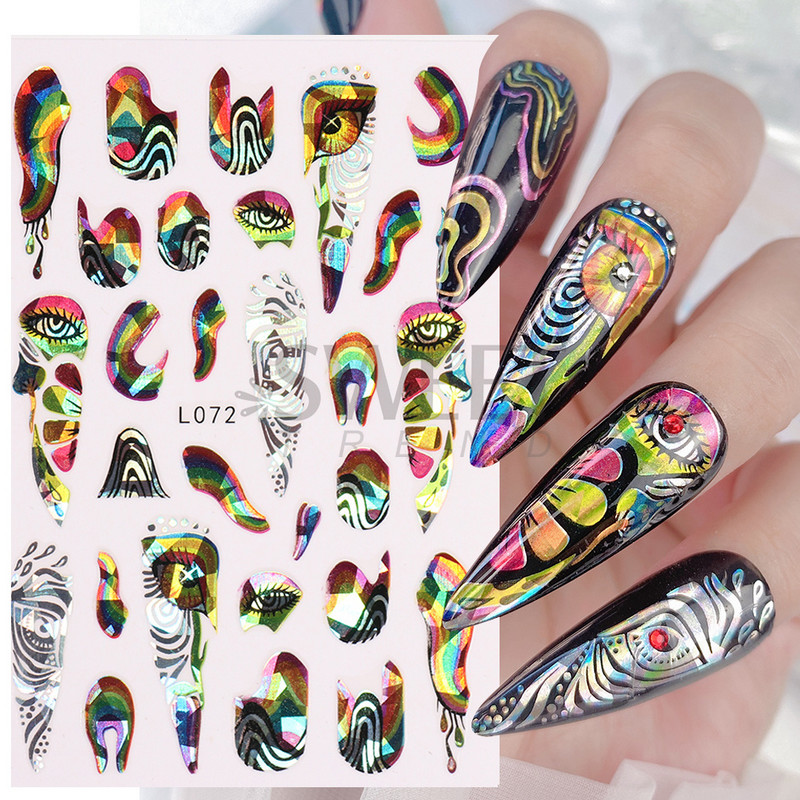 3D színes virágos köröm matricák holografikus lézeres absztrakt hullám szem arc levél csúszkák körmökhöz manikűr dekor fóliák SAL