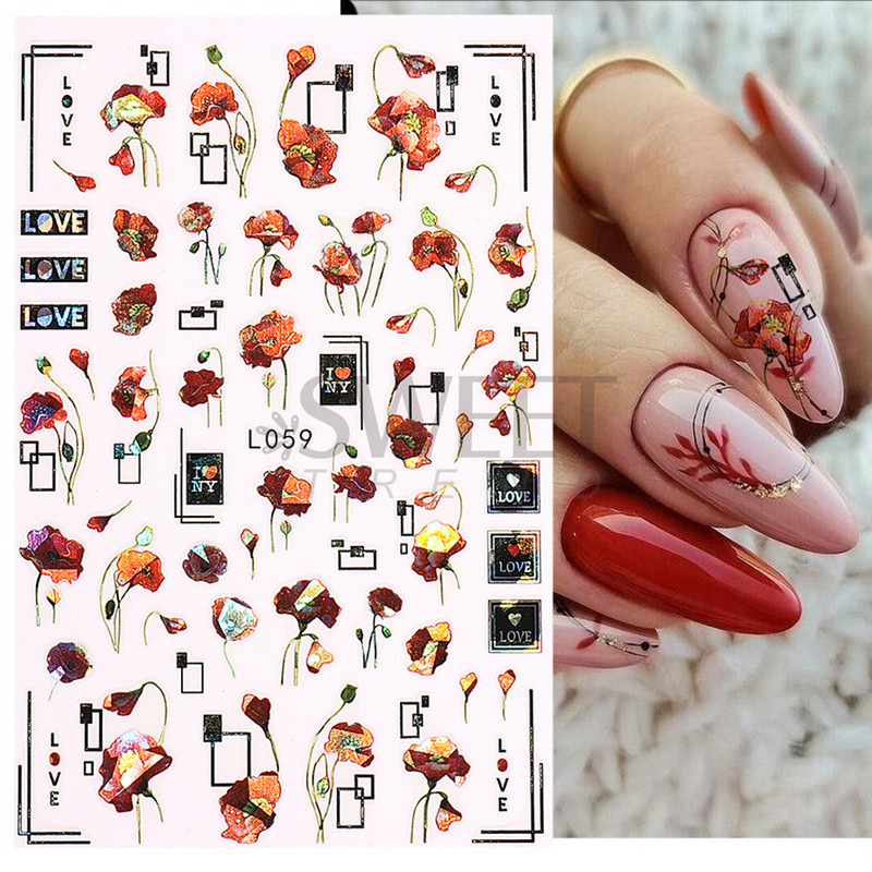 3D színes virágos köröm matricák holografikus lézeres absztrakt hullám szem arc levél csúszkák körmökhöz manikűr dekor fóliák SAL
