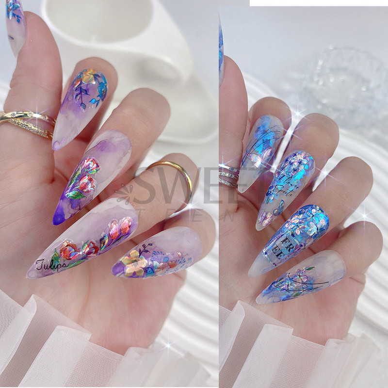 3D színes virágos köröm matricák holografikus lézeres absztrakt hullám szem arc levél csúszkák körmökhöz manikűr dekor fóliák SAL